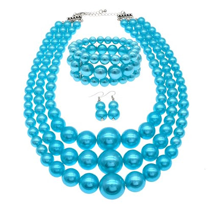 JNF Faux Pearl Statement Necklaces Big Beaded Necklace for Women Chunky Pearls Necklace and Earring Set Large beads Costume Necklace - color: Sky Blue pearl necklace