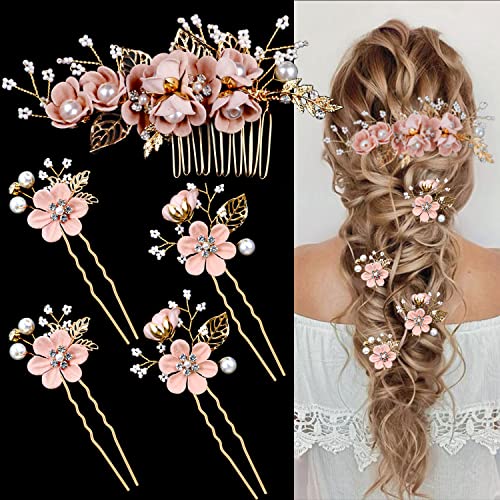 5 Pieces Bridal Flower Wedding Hair Pins Crystal Pearl Hair Combs Clips Headpiece Gold Wedding Hair Accessories Jewelry with Rhinestone for Brides Bridesmaids Women Girls Updo (Cherry Blossoms Pink) - color: Flourish Flowers Series&Cherry Blossoms Pink