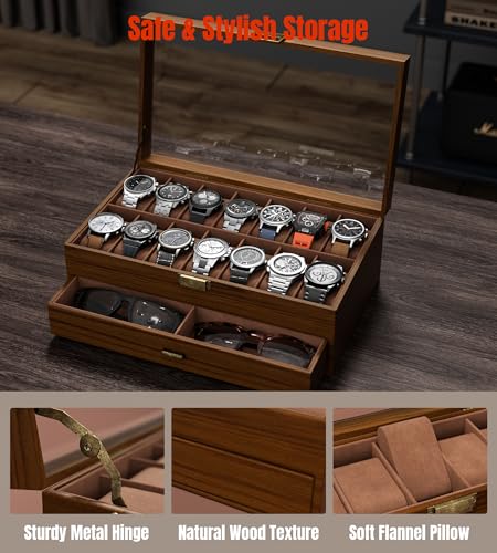 Watch Case Box for Men - Ultra-thin Frame Wide Display 14 Slots 2-Layer Wooden Grain Watch Sunglass Storage Organizer, Real Glass Lid Display Case Gift for Dad Husband - size: 14 Slots, Wooden Pattern