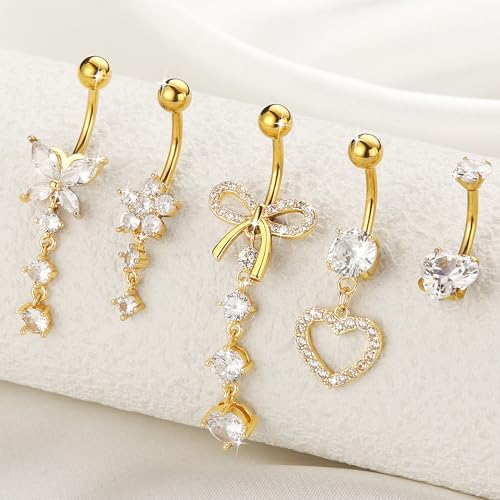 BSJ4U Belly Button Ring Dangle Navel Belly Piercing Jewelry Cute Pink CZ Heart Butterfly Bow Flower Navel Belly Rings for Women 14G Silver Stainless Steel Dainty Dangly Dangling Belly Button Piercing - color: Gold Belly Button Rings