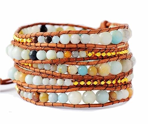 Boho Wrap Bead Bracelet for Women - Handmade Adjustable Natural Stone Beaded Bracelets Yoga Healing Bracelet Bangle Hippie Jewelry - color: Amazonite #2
