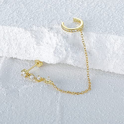 Crystal Ear Cuff Tassel Cartilage Stud Earring for Women Girls 925 Sterling Silver CZ Clip On Huggie Hoops Climber Crawler Long Chain Dangle Drop Hypoallergenic Earrings Fashion 1 Pcs Jewelry Gifts Birthday - color: Gold