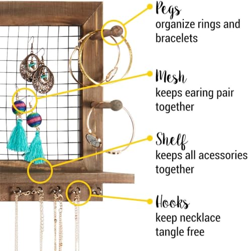 Rustic Jewelry Organizer Wall Mount with Bracelet Pegs-Necklace Holder Earring Hanger-Hanging Mounted Wooden Shelf to Display Earrings Necklaces and Accessories - style: Rustic - Antique Brown