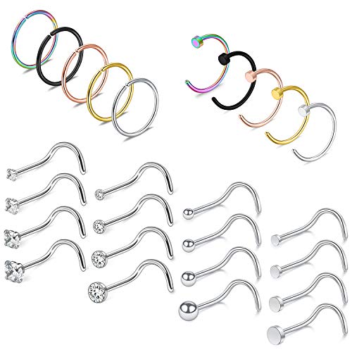 Ruifan 20G 18G Surgical Steel 1.5mm-3mm Flat Ball Clear Diamond CZ Nose Stud Rings Screw Piercing Jewelry 16-26PCS - color: 18G: 26PCS - Silver