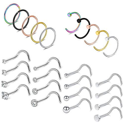 Ruifan 20G 18G Surgical Steel 1.5mm-3mm Flat Ball Clear Diamond CZ Nose Stud Rings Screw Piercing Jewelry 16-26PCS - color: 18G: 26PCS - Silver