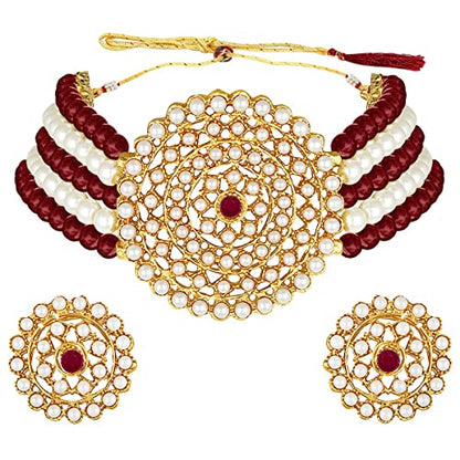 Aheli Pearl Diamond Choker Necklace & Round Earrings Gift for Women Indian Traditional Bollywood Fashion Bharatanatyam jewellery set - color: Maroon & White