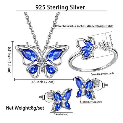 925 Sterling Silver Birthstone Butterfly Jewelry Women Crystal Animal Cute Butterflies Birthday Necklace/Earring/Ring/Bracelet Sets Birth Stone Statement Anniversary Jewellery - color: 2-I.September-Sapphire
