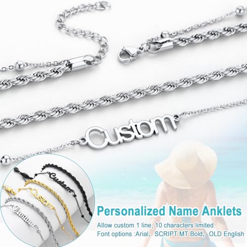 U7 Custom Layered Ankle Bracelets for Women Stainless Steel Bead/Cuban/Figaro/Rope/Wheat Chain Anklet Waterproof Anklet Jewelry for Beach Vacation - color: b-Silver-Rope Chain
