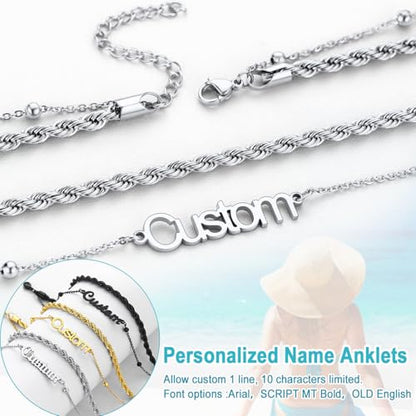 U7 Custom Layered Ankle Bracelets for Women Stainless Steel Bead/Cuban/Figaro/Rope/Wheat Chain Anklet Waterproof Anklet Jewelry for Beach Vacation - color: b-Silver-Rope Chain