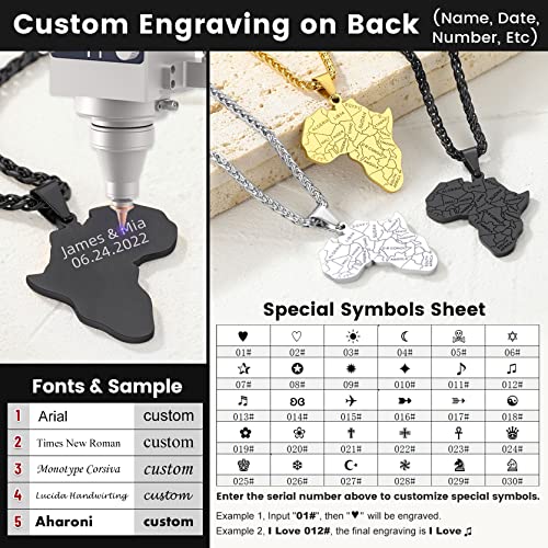 GOLDCHIC JEWELRY Africa Map Necklace for Men, Stainless Steel African Tribal/Egyptian Eye of Horus/I LOVE AFRICA/Elephant Map Hiphop Jewelry Unisex with 22'+2'Adjustable Chain - color: Africa Map - Black, style: Personalised Engraving
