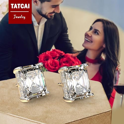 18K White Gold Plated Sterling Silver Emerald Cut Cubic Zirconia Stud Earrings Clear CZ Diamond Stud Earrings for Women Men Hypoallergenic - color: White Gold, size: 6MM*8MM