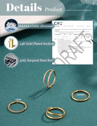 Dochais 4PCS 18G Nose Rings Hoops, Surgical Steel Earrings Tragus Septum Piercing CZ Clicker Ring, Hinged Segment Conch Lip Cartilage Double Hoops 8mm 10mm for Women Men - color: Gold, size: 18G(1.0mm),10mm