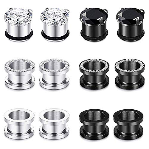 Longbeauty 12pcs Gorgeous Cubic Zirconia Tunnels 316L Stainless Steel Ear Gauges Earring Plugs for Ears Screw Fit Body Piercing Jewelry 4g-3/4 - color: Gauge=11/16"(18mm)