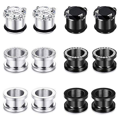 Longbeauty 12pcs Gorgeous Cubic Zirconia Tunnels 316L Stainless Steel Ear Gauges Earring Plugs for Ears Screw Fit Body Piercing Jewelry 4g-3/4 - color: Gauge=11/16"(18mm)