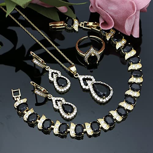 LMXXVJ Women Jewelry Set Platinum Plated Necklace Open Ring Earrings Bracelet Set,Birthday/Anniversary Mother’s Day Jewelry Gifts for Mom/Wife/Sister/Best Friend - color: Yellow Gold-Black