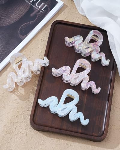 4PCS Large Claw Clips for Thick Hair, Large Acrylic Hair Clips | Modern Marble Geometric Design, Non-Slip Secure Hold for Long Hair, Buns, Updos and Everyday Styling - color: Wave-Silver + Rose Pink + Purple + Blue
