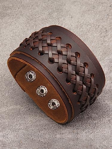 Jeilwiy Punk Leather Wristbands for Men Bracelets Handmade Wide Cuff Bangle Braided Jewelry Black Brown Adjustable - Punk Father's Gifts - color: Leather Cuff