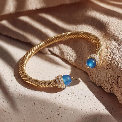 Fettero Gold Cuff Bangle Bracelets for Women - Adjustable Open Cuff Bangles 14K Gold Plated Charm Twisted Cable Bangle Bracelet for Mom Dainty Jewelry Gift - color: Blue