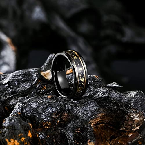 King Will Mens Wedding Band with Foils Inlay, Black/Silver/Gold Beveled Edge Glowstone Ring, 6mm/8mm Tungsten Carbide Rings Comfort Fit - color: Black&Gold Line-8mm
