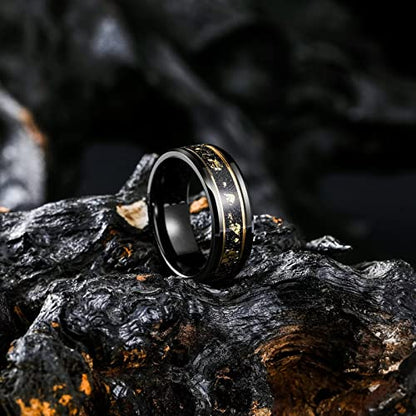 King Will Mens Wedding Band with Foils Inlay, Black/Silver/Gold Beveled Edge Glowstone Ring, 6mm/8mm Tungsten Carbide Rings Comfort Fit - color: Black&Gold Line-8mm