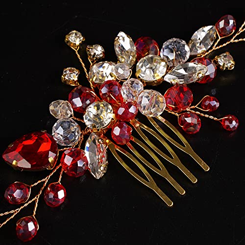 JWICOS Crystal Bride Wedding Hair Comb Rhinestone Bridal Hair Clip Glitter Wedding Hair Accessories for Women and Girls (Red) - color: Red