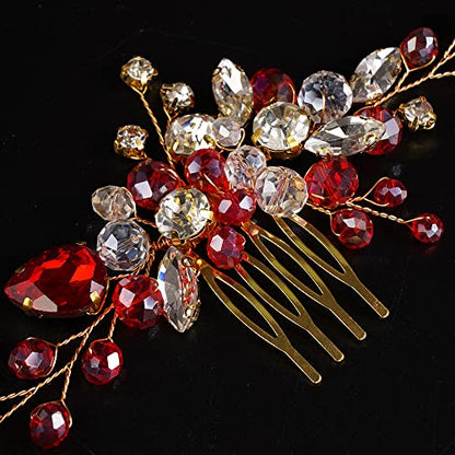 JWICOS Crystal Bride Wedding Hair Comb Rhinestone Bridal Hair Clip Glitter Wedding Hair Accessories for Women and Girls (Red) - color: Red