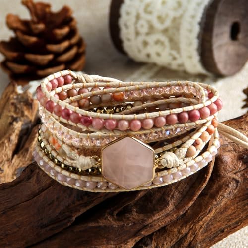 Handmade Boho Wrap Bracelets Natural Turquoise Crystal Stone Variety Beaded Strand Bracelet - color: Pink Quartz