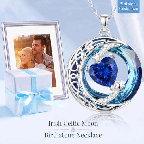 Birthstone Necklace for Women Crystal Moon and Star Pendant White Gold Celtic Moon Jewelry Birthday Graduation Gifts for Wife Her - style: Moon-9