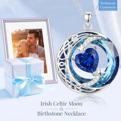 Birthstone Necklace for Women Crystal Moon and Star Pendant White Gold Celtic Moon Jewelry Birthday Graduation Gifts for Wife Her - style: Moon-9