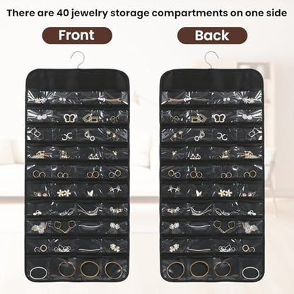 Black Hanging Jewelry Organizer, 80 Pockets Double-Sided, Wall Door Closet Storage for Earrings Necklaces Rings
