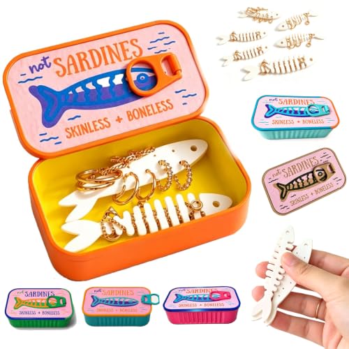 Sardines Travel Jewelry Box, Sardine Tin Jewelry Box, 3d Printed Sardine Tin Like Jewelry Case, with Fish-Shaped Holders for Earrings and Charms, Portable Earring Organizer (Plus size-A-6 Fishbones) - color: Plus size-A-6 Fishbones