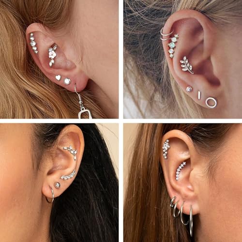 8Pcs Stainless Steel 16G Conch Piercing Jewelry Helix Cartilage Earrings | Flower Opal CZ Stud Earrings Set with Flat Back for Women, 18K Gold Plated, Silver, Rose Gold - color: Silver