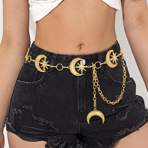 Rhinestone Moon Chain Belt Sparkly Star Waist Chain Adjustable Body Jewley for Women Dress Belt Accessory - style: Gold moon star D