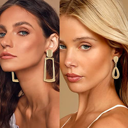 Gold Metal Clip On Earrings for Women Non Pierced Dangle Drop Earrings Multiple Styles - color: gold rectangular + waterdrop hollow
