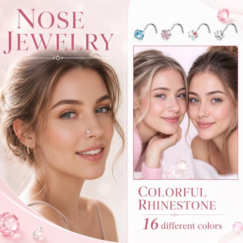 20G Colorful Rhinestone Steel Screw Nose Rings Studs Bar Pin Piercing Jewelry - color: Four colors - 16PC