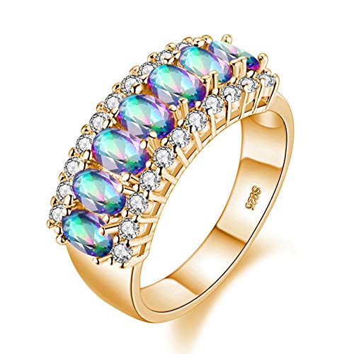 Uloveido Beautiful Women's 7 Stones Wedding Band Oval Cubic Zirconia Engagement Anniversary Rings J501 - color: Gold-Multi