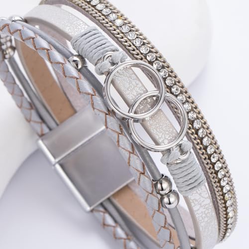 Chunky Boho Leather Wrap Bracelets Cowgirl Beaded Circle Western Jewelry | Stackable Infinity Layered Bohemian Magnetic Clasp Cuff Statement Fashion Colorful Country Hippie Outfits for Women Trendy - color: Silver