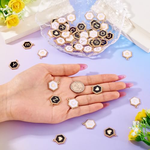 Cheriswelry Letter Alphabet Charm for Jewelry Making Initial Letter A-Z Pendants Flat Round Hexagon Alloy Enamel Charms for Necklace Bracelet Earring Jewelry Making DIY Craft - color: Black&White