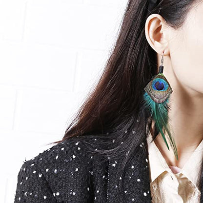 Long Bohemian Pheasant Feathers Statement Earrings Handmade Natural Lightweight Feather Dangle Earrings for Women (ea000067) - color: Blue