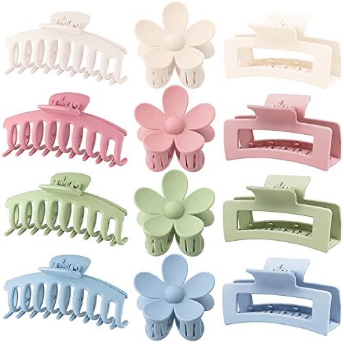 Large Hair Claw Clips 12 Pack, Flower Hair Clips for Thin Hair, Big Square Matte Strong hold for Thick Hair, 3 Styles Hair Clips for Women Thick Hair 4 Colors - color: Blue, Pink, Khaki, Green