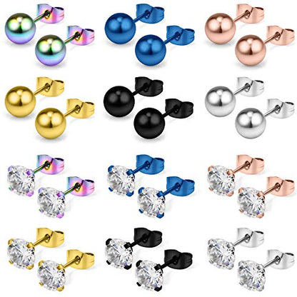 20G Mix Color Stainless Steel Ball Clear CZ Stud Earrings for Men Women Round 3-8mm 6-12Pairs - style: 12Pairs - 7mm