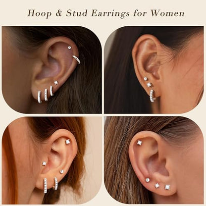 Turandoss 10 Pairs Gold Hoop Earrings for Women | 14K Gold Plated Stud Hoop Earrings, Flat Back, Cartilage Earring Stacks, Multiple Piercing, Hypoallergenic - color: Silver Plated
