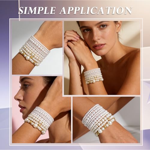 Pearls Bracelets for Women Simulated White Pearl Beaded Bracelet Stack Stackable Stretch Pearl Jewelry Set Multilayered Elastic Gold Pearls Bracelet Set for Prom Party Christmas Gift - style: 10G