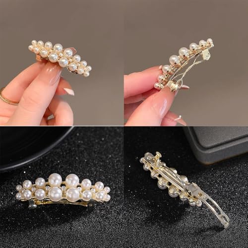 Pearl Hair Clips for Women, Fancy Gold Barrettes, Elegant Pearl Hair Accessories, Small Decorative Dressy French Barrettes for Wedding Bridal Parties Banquets Proms Formal Casual Outfits 2 Pack