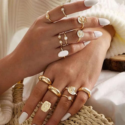 HUASAI Gold Stackable Rings Set for Women Boho Dainty Moon Star Pearl Leaf Cubic Zirconia Heart Midi Pinky Trendy Jewelry Birthday Gifts - color: F Gold 13 Pcs