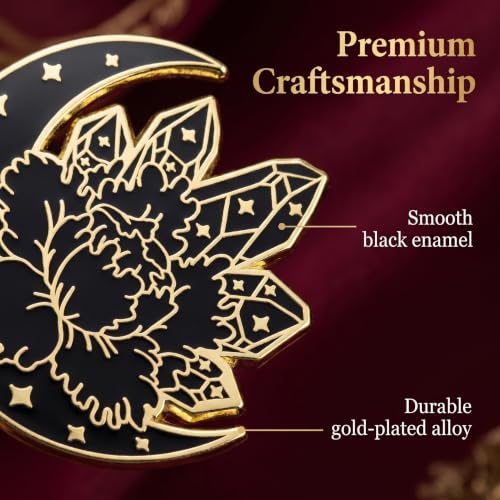 Black Gold Crescent Moon Crystal Flower Enamel Pin, Witchy Celestial Floral Lapel Pin, Gothic Mystical Badge for Jackets Backpacks, Spiritual Gift for Witches Crystal Lovers Gothic Enthusiasts