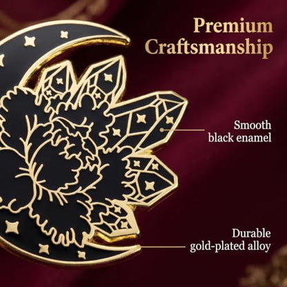 Black Gold Crescent Moon Crystal Flower Enamel Pin, Witchy Celestial Floral Lapel Pin, Gothic Mystical Badge for Jackets Backpacks, Spiritual Gift for Witches Crystal Lovers Gothic Enthusiasts
