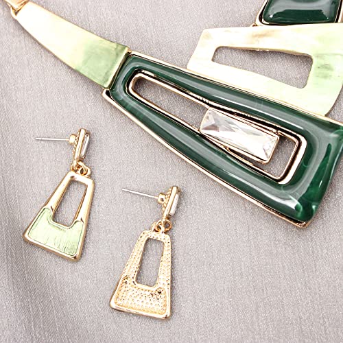 SFE Irregular Enamel Triangle Shape shell Collar Bib Bohemian Boho Statement Necklace Earrings Fashion Costume Jewelry Set for Women - color: Green-Gold Plated