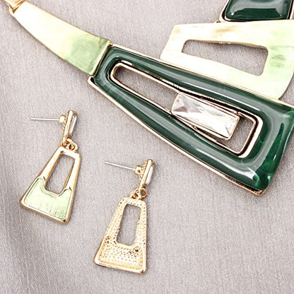SFE Irregular Enamel Triangle Shape shell Collar Bib Bohemian Boho Statement Necklace Earrings Fashion Costume Jewelry Set for Women - color: Green-Gold Plated