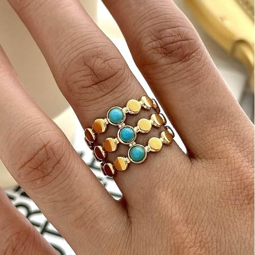Todenb Turquoise Ring for Women，Gold Western Turquoise Open Ring Boho Stainless Steel Moon and Star Band Wrap Knuckle Rings Western Country Fashion Jewelry Accessories - color: three circle